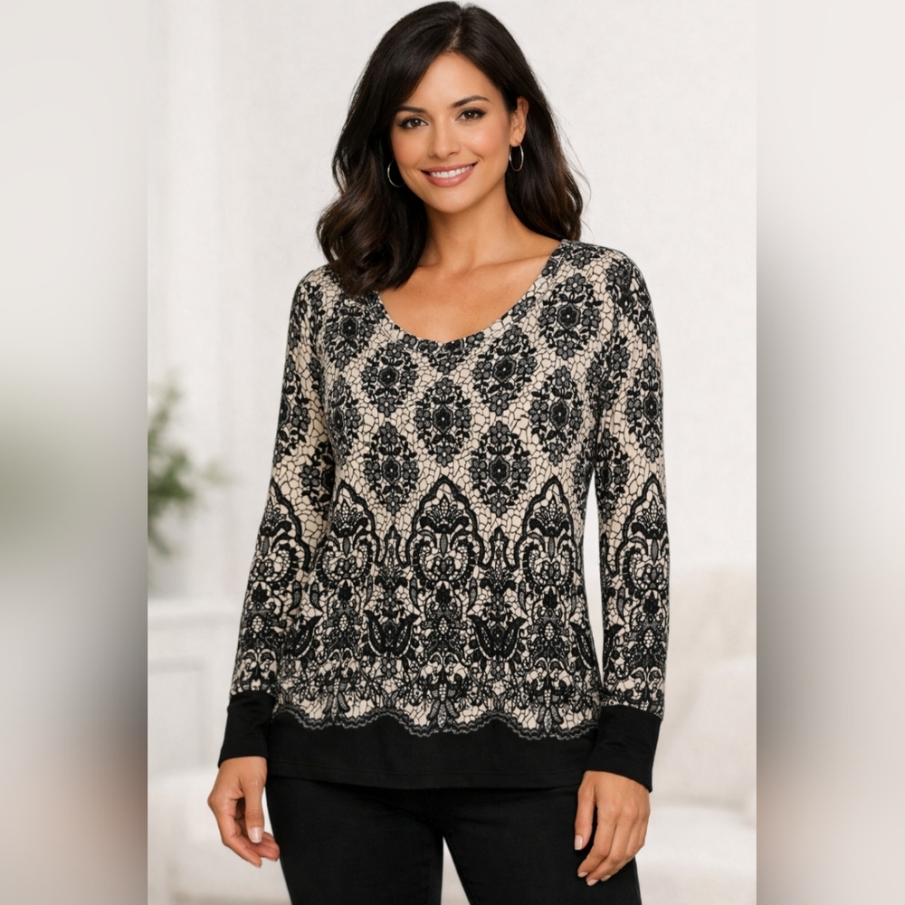 Jockey Vintage Lace Print Long Sleeve Top Black Cream Floral Sz mef